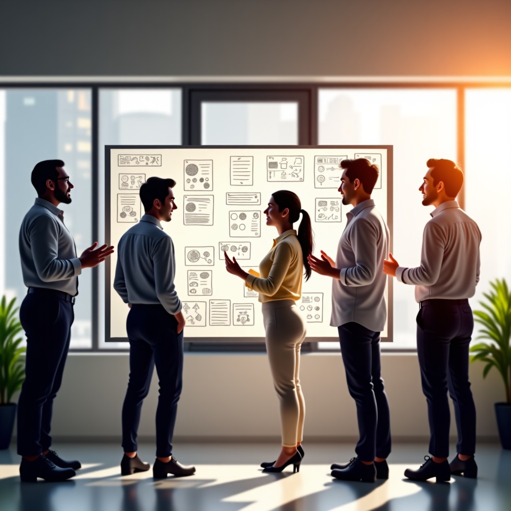 A creative marketing team in a bright modern office brainstorming together, sketches and storyboards on the wall, diverse professional Korean people discussing ideas passionately, natural sunlight through windows, 4:3