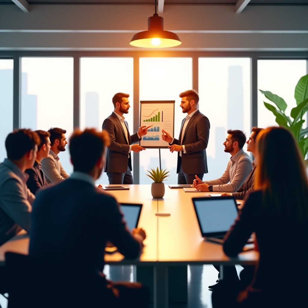 Professional business people in a modern office meeting room discussing energy sustainability charts, natural morning light, diverse group, realistic office environment, 4:3