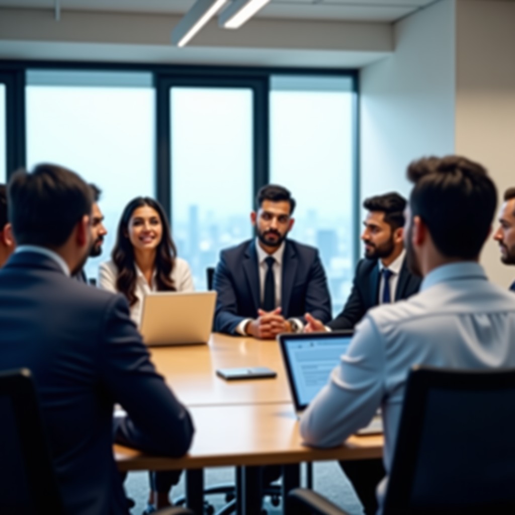 A group of professional Indian business executives in a modern boardroom discussing technology strategy, natural daylight, professional attire, realistic expressions, 4:3