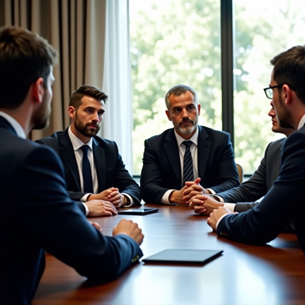 A group of professional diplomats in business attire having a serious discussion around a wooden conference table, natural window lighting, cinematic composition, 4:3