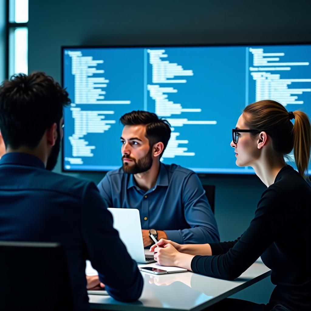A group of diverse professional AI researchers in a modern glass conference room, focused expressions, digital screens with code in background, 4:3