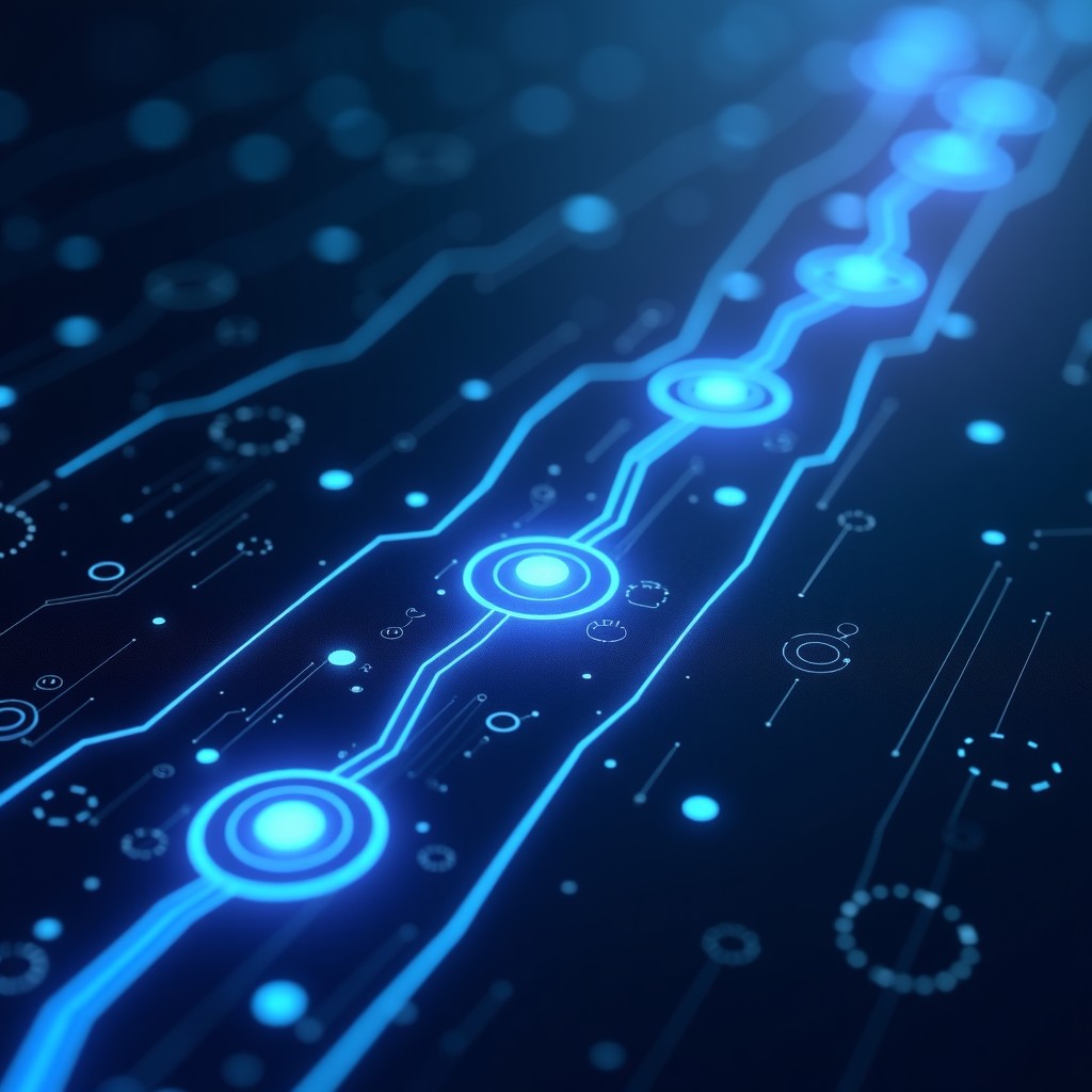 A conceptual illustration showing data flowing through an optimized neural network architecture, glowing pathways, clean dark background, high tech aesthetic, digital rendering, 4:3