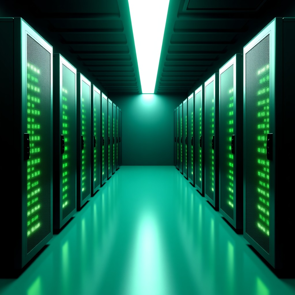 A clean and organized server room with a single cluster of modern GPU racks glowing with green LED lights, minimal and sleek design, high-tech infrastructure, realistic photography style, 4:3