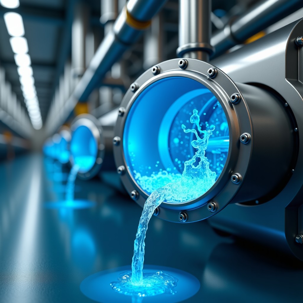 High-tech industrial cooling pipes with clear water flowing inside, metallic textures, professional lighting, clean facility environment, 1:1