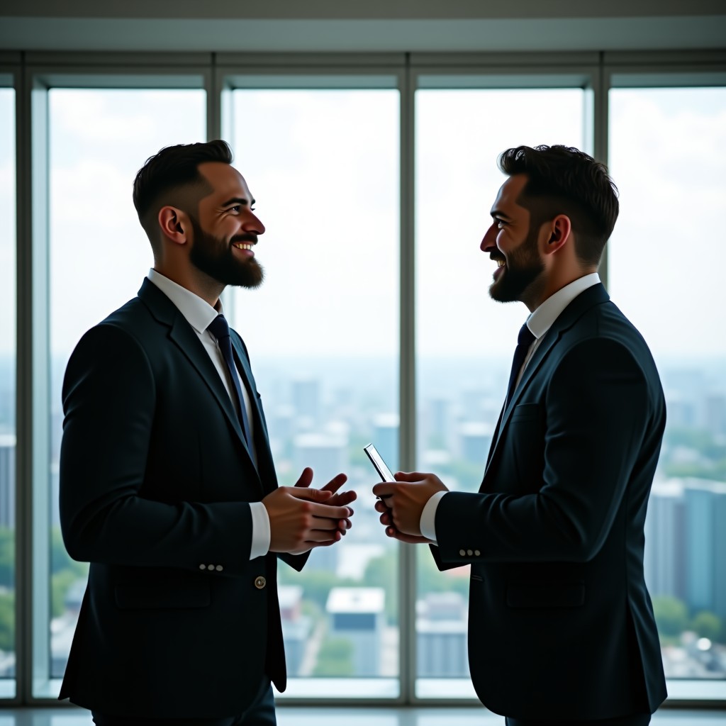 Two professional business partners having a conversation in a bright glass-walled meeting room, natural expression, modern office interior, 4:3