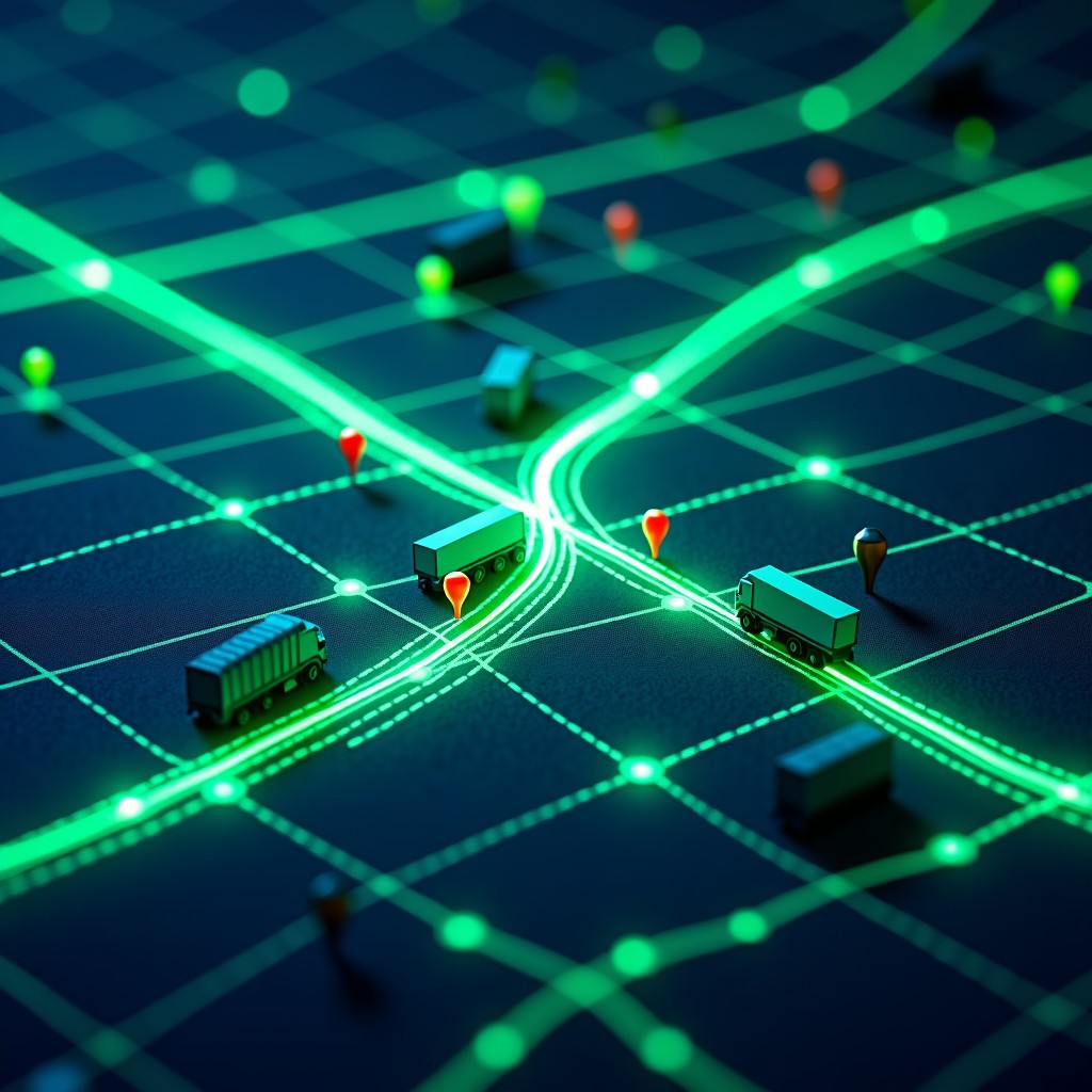 A top-down 3D view of a city map with glowing green lines showing optimized routes for multiple garbage trucks. Digital data points and icons representing collection bins scatter across the map. Dark navy background with neon green and blue accents. 4:3