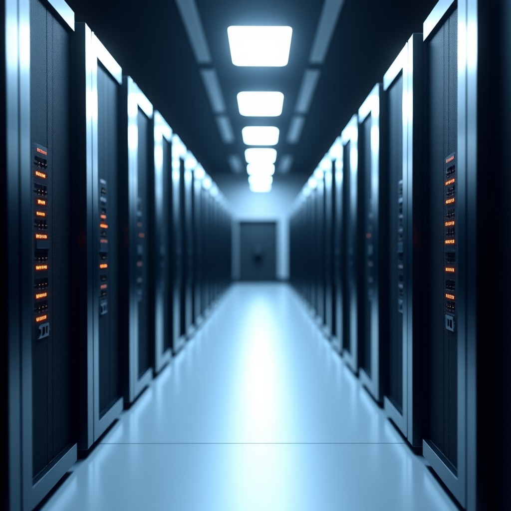 Wide angle shot of a modern clean server room with rows of high-performance GPU racks. Integrated power delivery modules glowing softly. Symmetrical composition, soft natural lighting, realistic tech environment, no text. 4:3