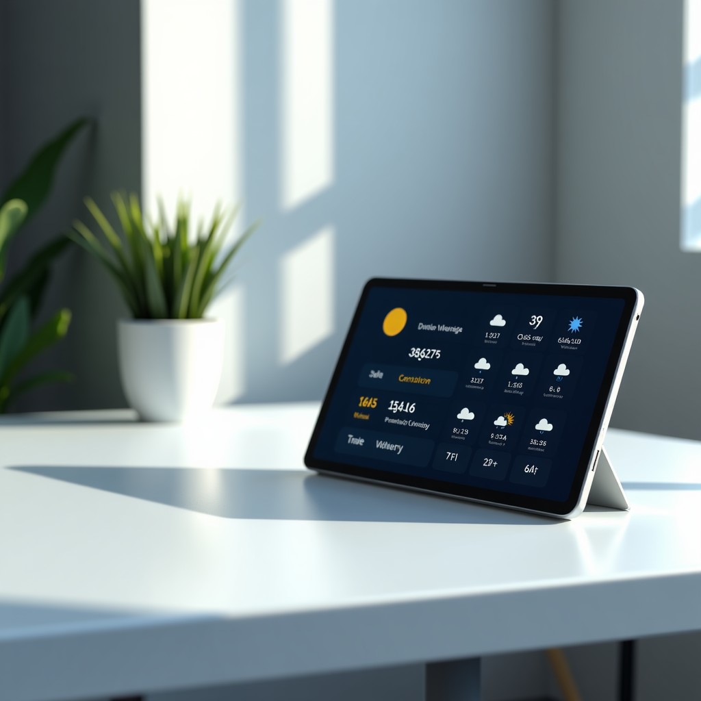 A clean and minimal workspace with a smart device showing concise data visualizations and weather icons. High contrast, professional lighting, modern tech aesthetic, 4:3