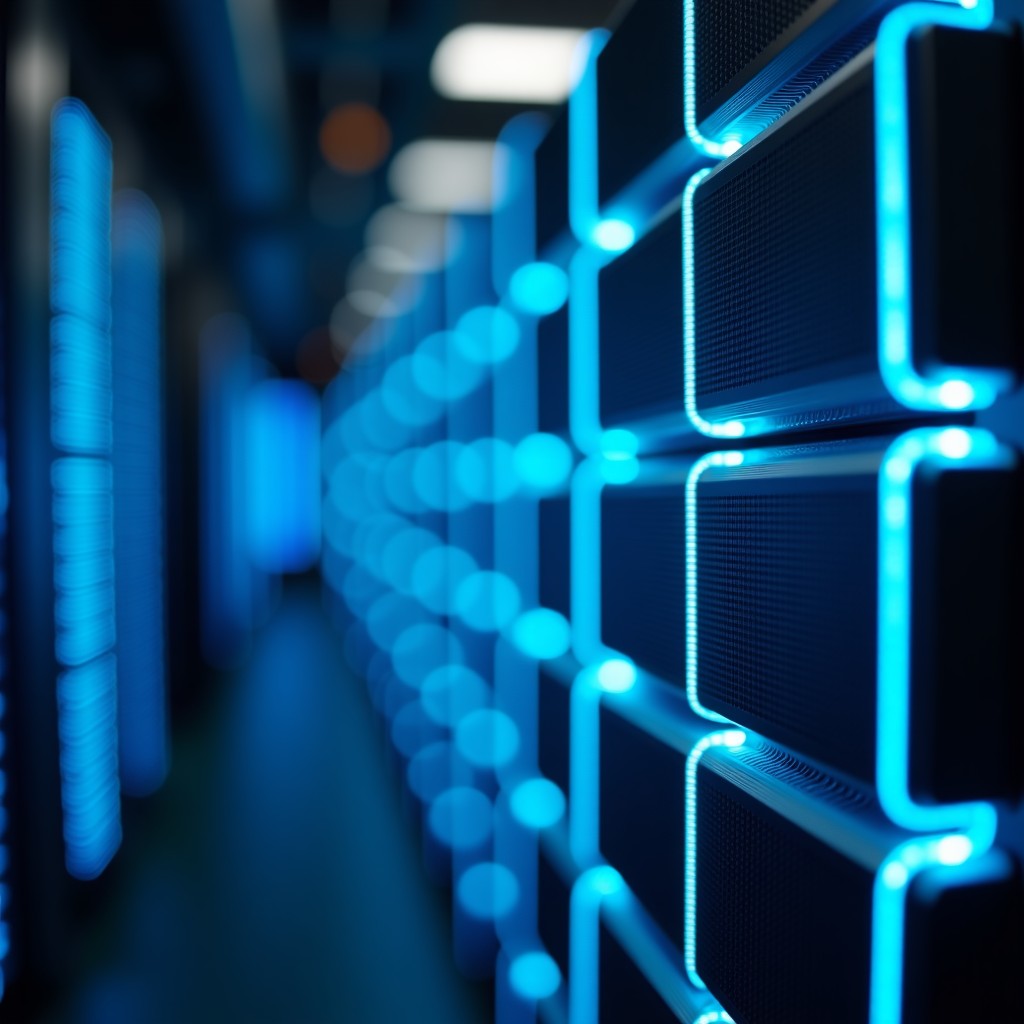 Realistic conceptual photography of cloud computing servers with glowing fiber optic cables, symbolizing data optimization and speed, high-end professional server room environment, soft bokeh background, 4:3