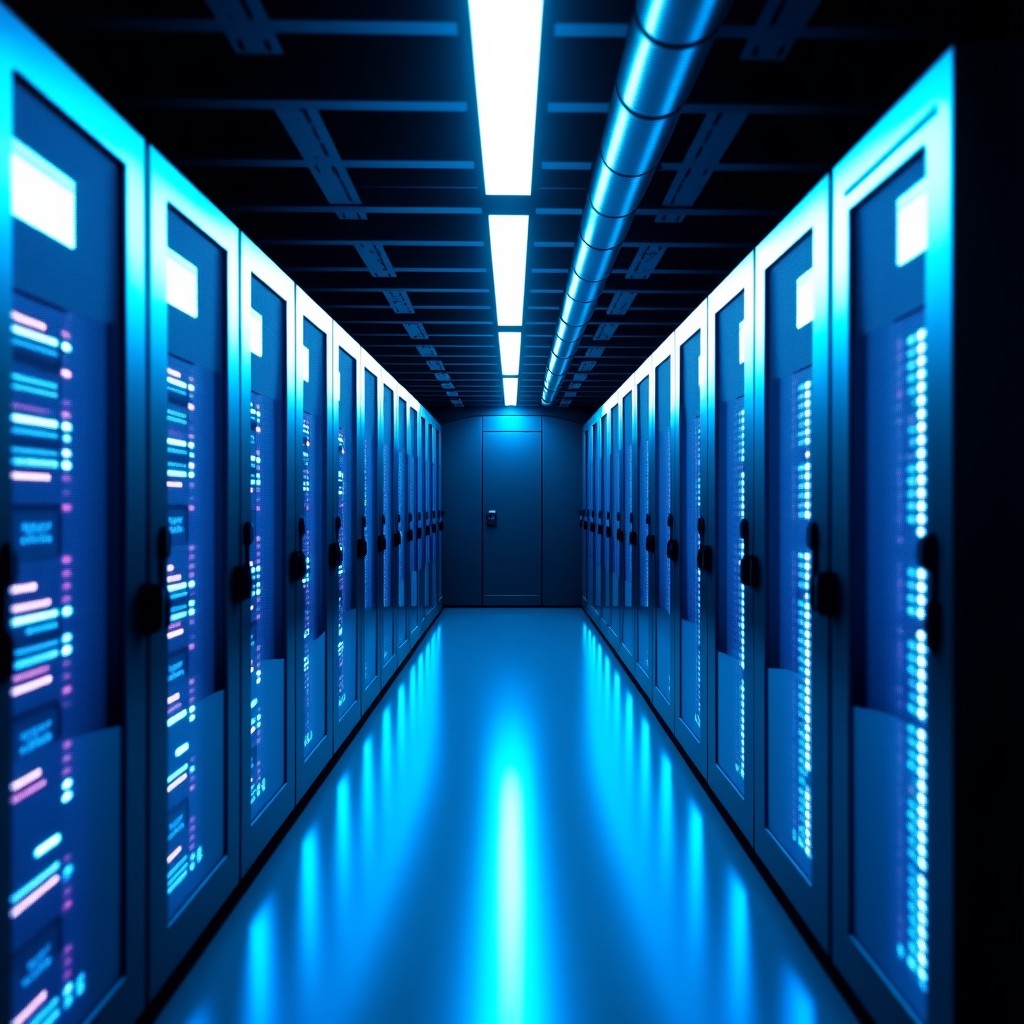 A sleek and modern server room with high-tech equipment, cooling systems with blue and white LED lights, representing high performance and efficiency in AI computing, cinematic lighting, 4:3