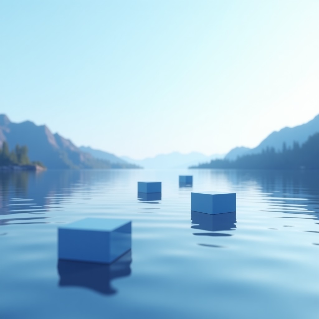 A peaceful and modern digital interface showing news articles as translucent blocks floating down a calm river, soft blue and white color palette, minimalist design, high resolution, 1:1