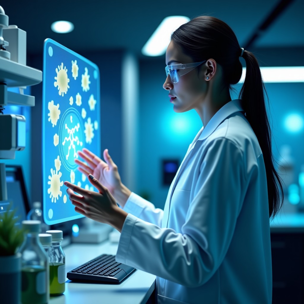A professional scientist in a high-tech laboratory interacting with a holographic AI interface displaying complex molecular structures of rare diseases. Modern laboratory setting, clean design, soft blue lighting, realistic style, 1:1