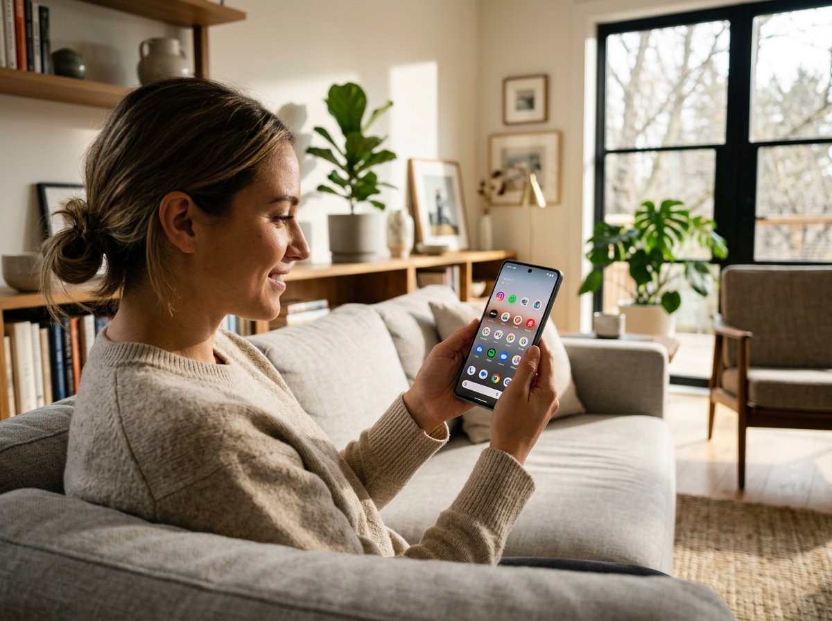 픽셀 10 스마트폰을 사용하는 모습