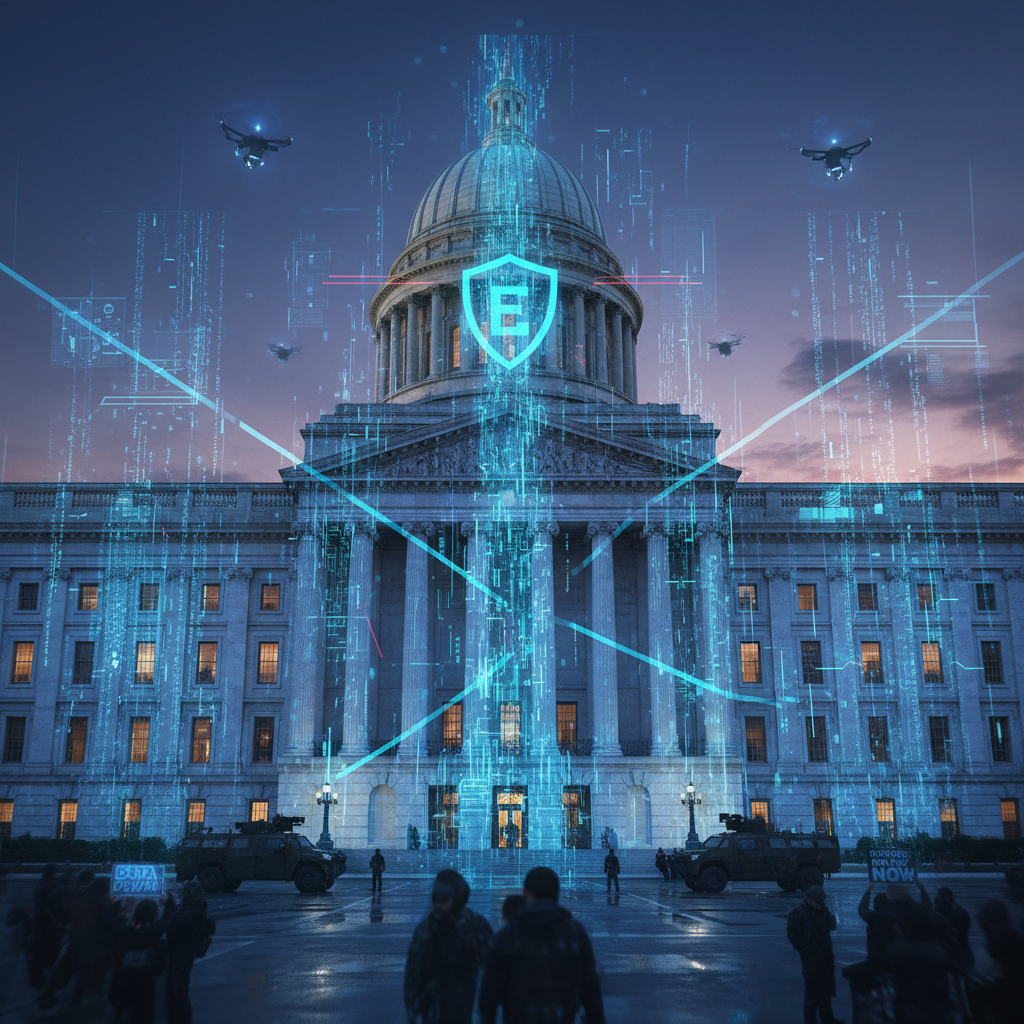 정부 기관과 기술 기업의 갈등을 상징하는 이미지