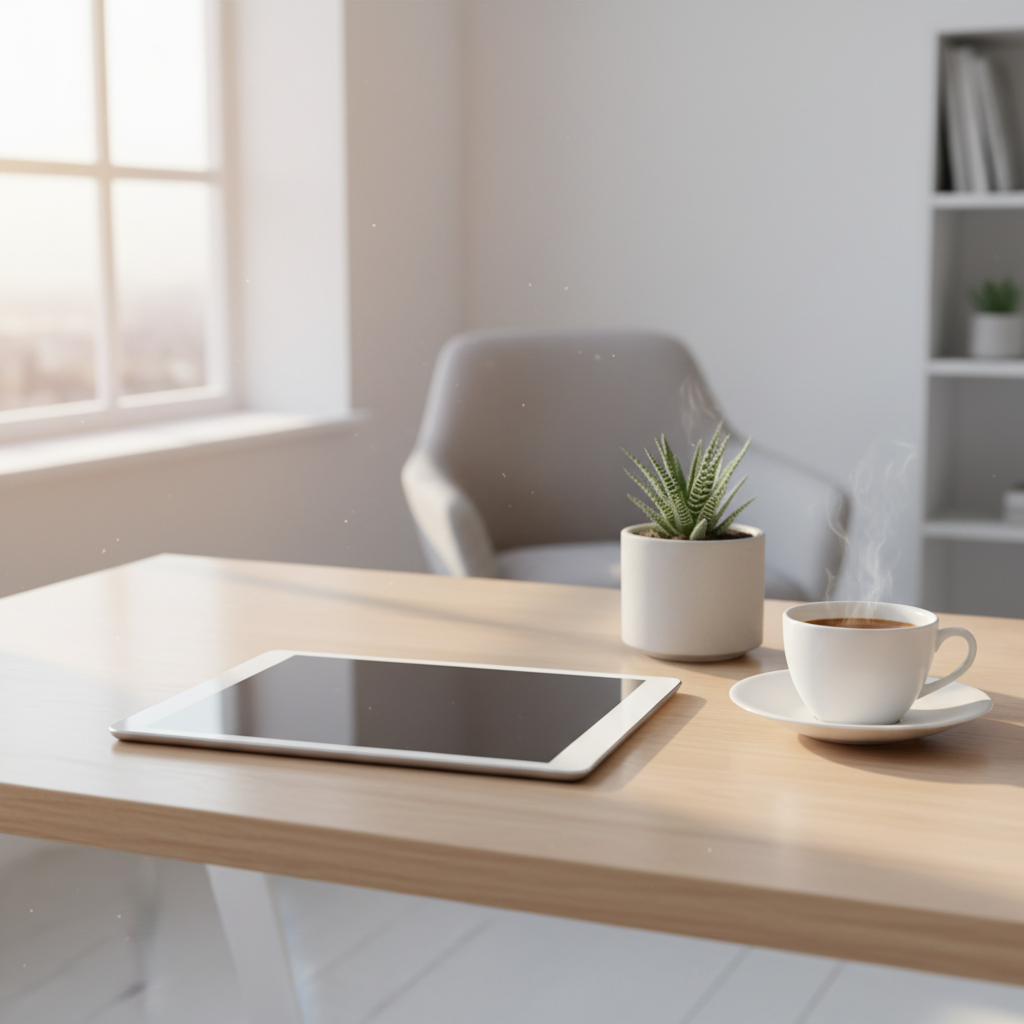 세련된 데스크 테리어와 함께 놓인 새로운 아이패드