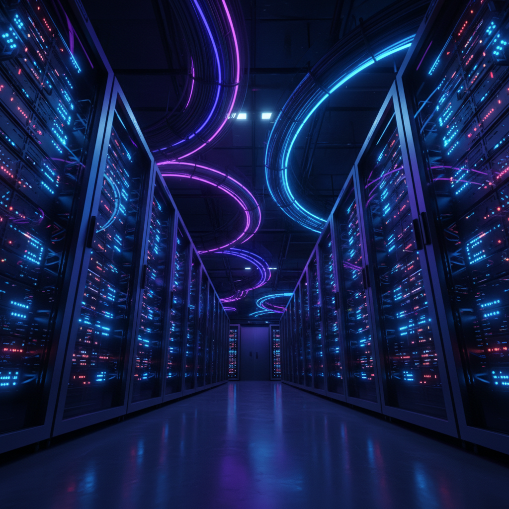 미래형 광통신 데이터센터의 화려한 내부 전경