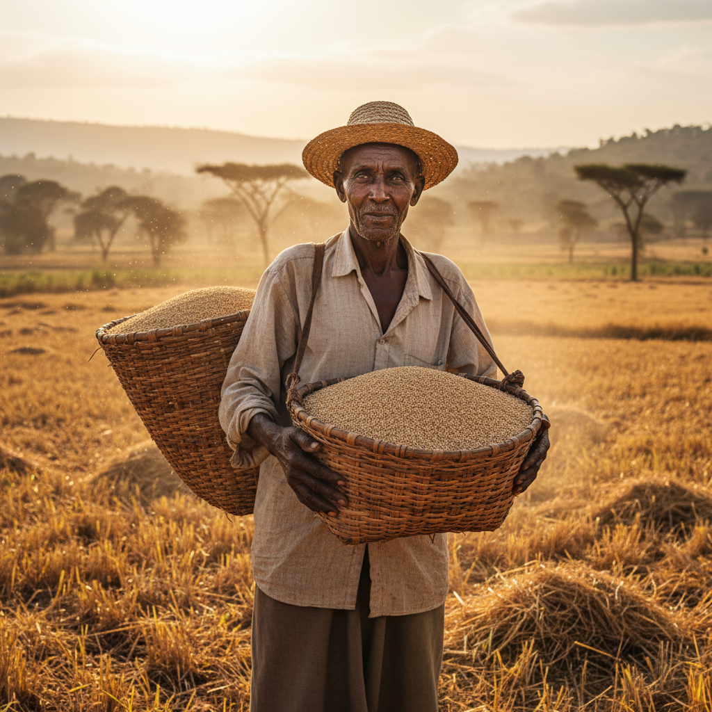 에티오피아 농장에서 전통 작물을 수확하는 농부의 모습
