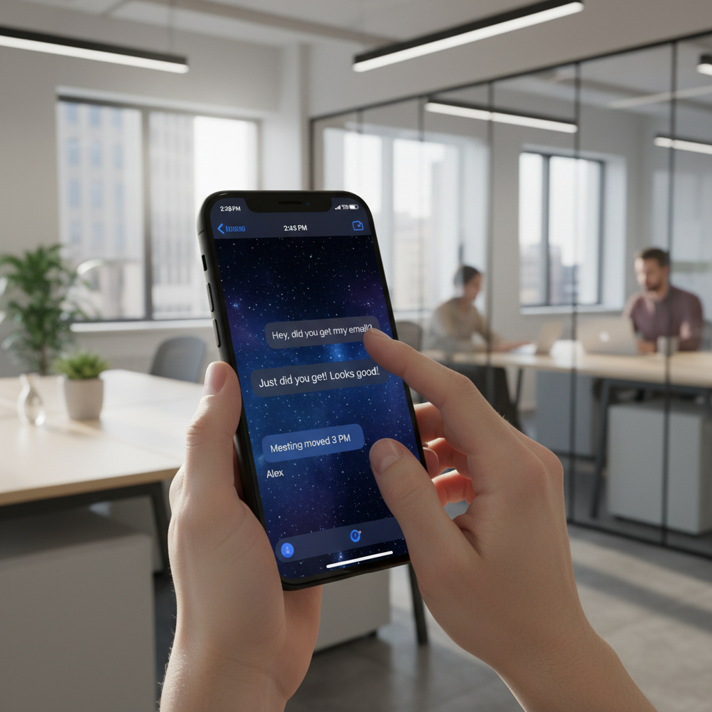 밝은 사무실에서 아이폰으로 메시지를 보내는 모습