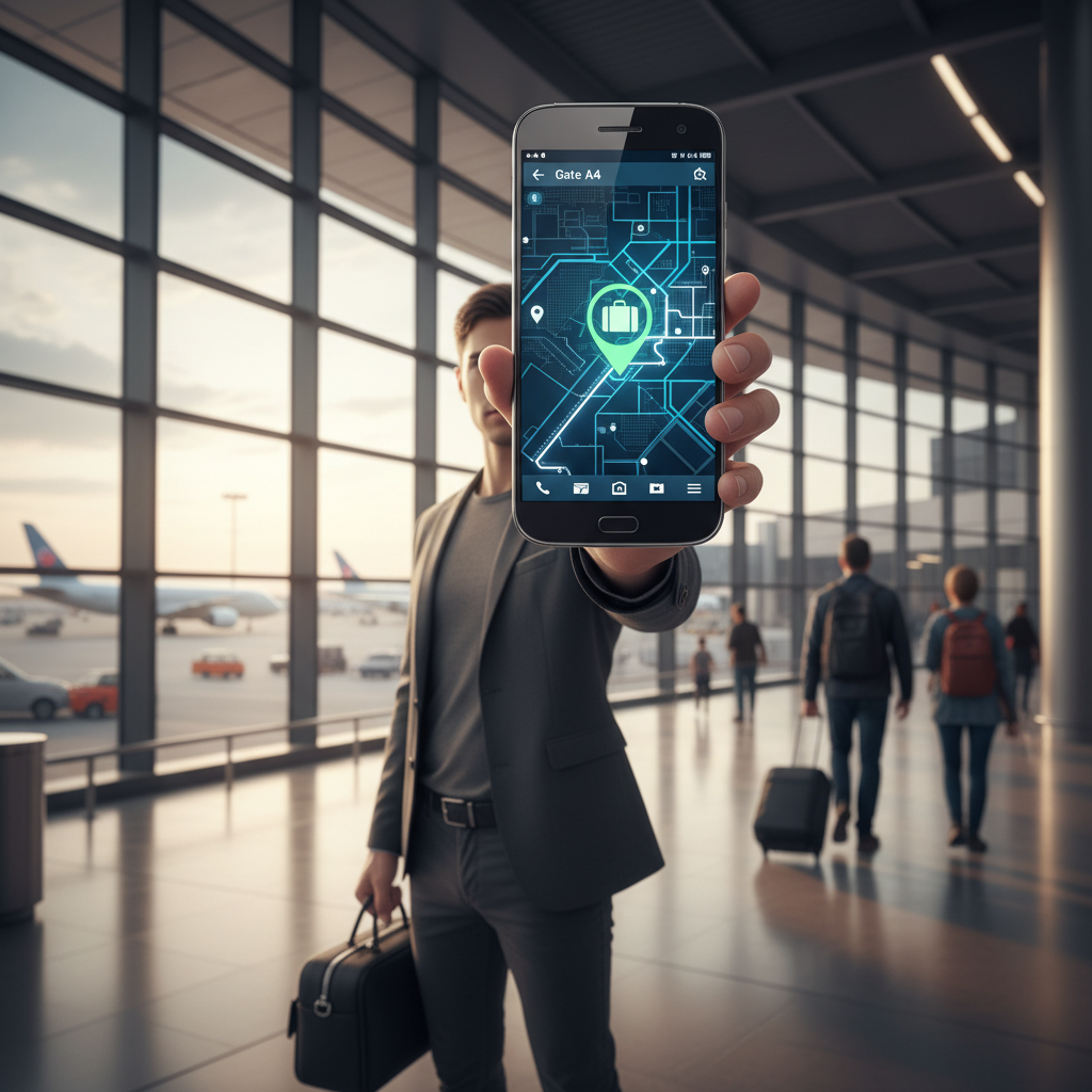안드로이드 스마트폰으로 공항에서 가방 위치를 확인하는 모습