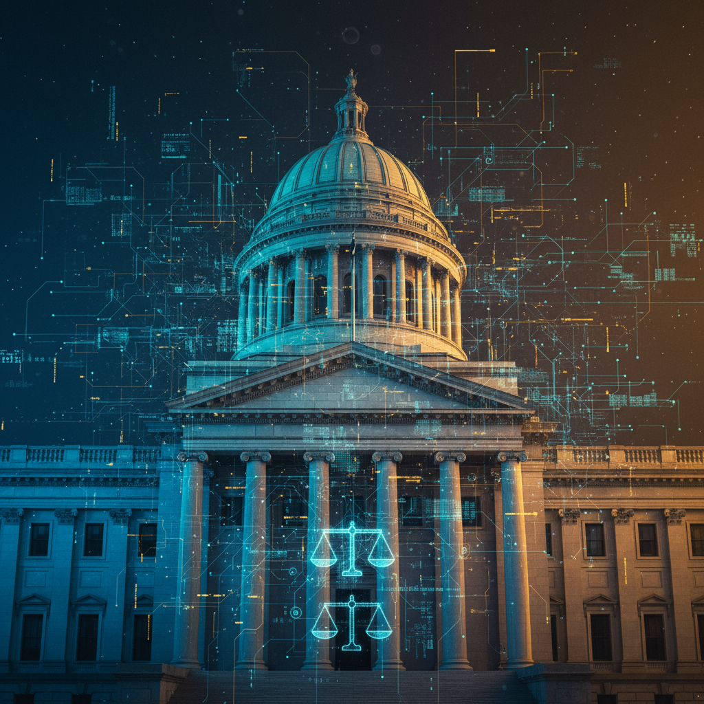 디지털 네트워크와 정부 건물이 결합된 추상적인 이미지
