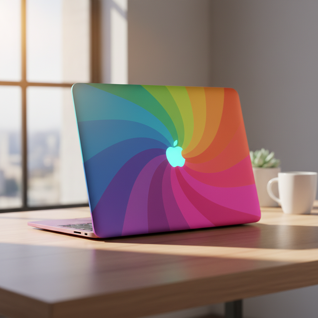 Close-up shot of a colorful Apple MacBook Neo on a clean desk, natural morning lighting, shallow depth of field, modern aesthetic, 4:3