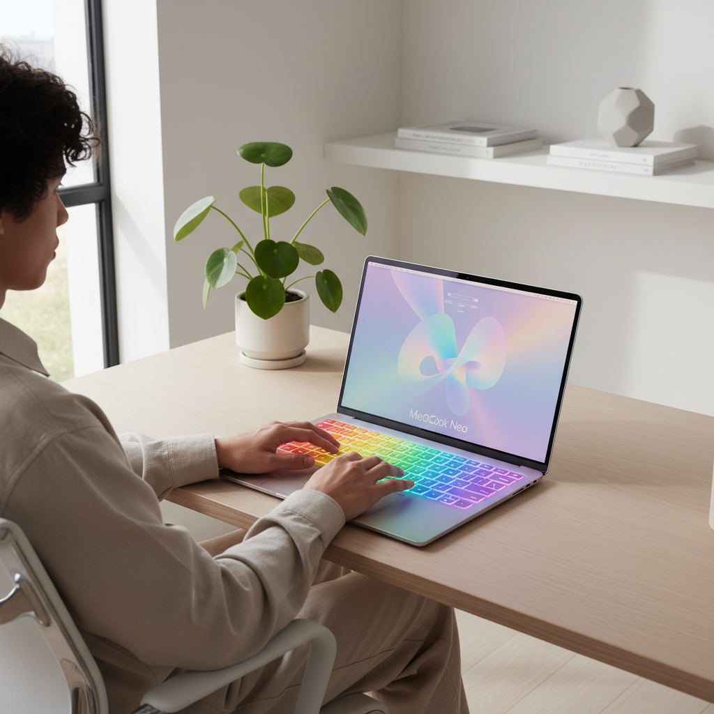 밝은 조명 아래의 맥북 네오