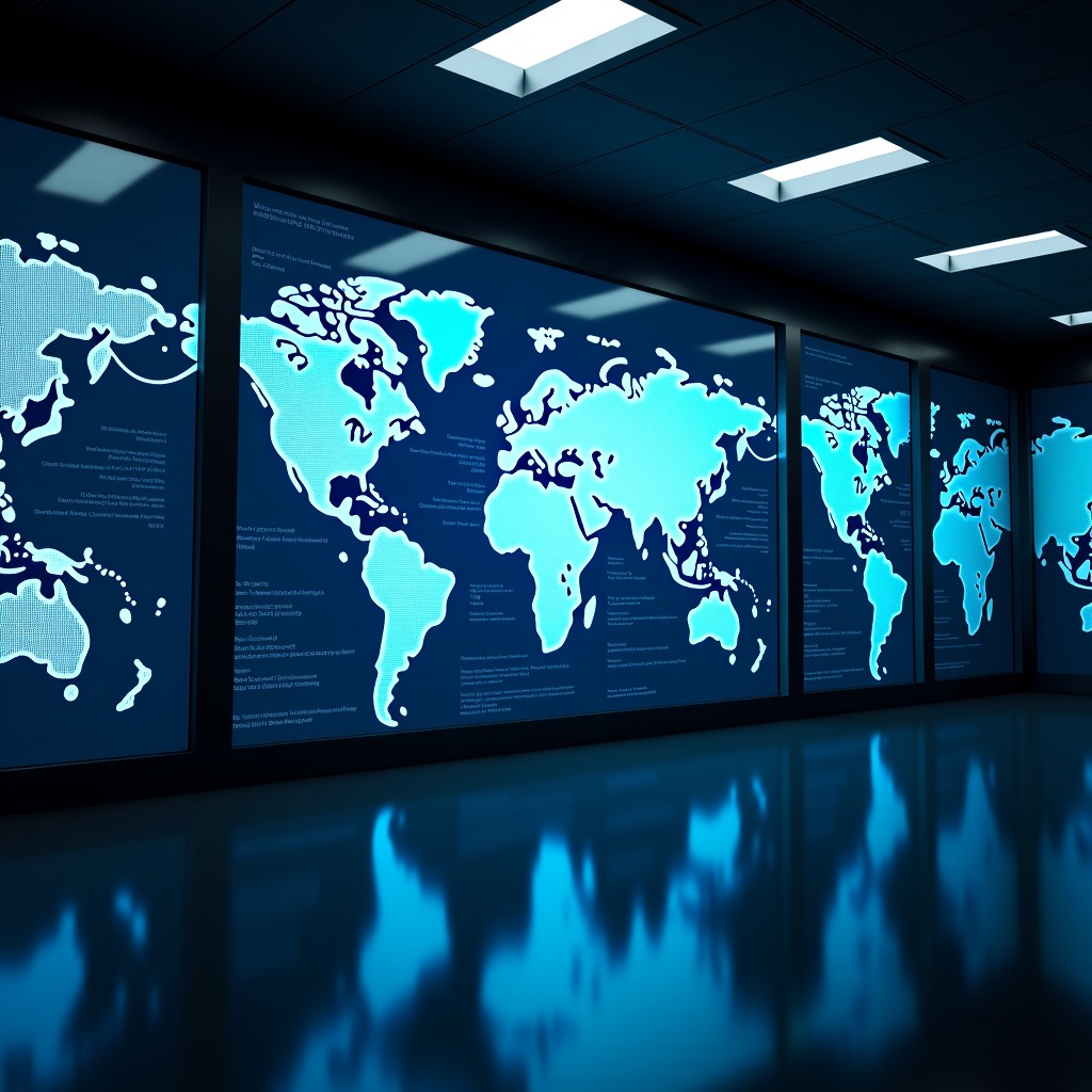 A high-tech surveillance room with abstract digital maps and glowing server nodes, cinematic lighting, deep blue and dark gray tones, 4:3.