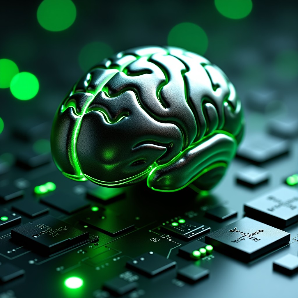 A metallic AI brain structure integrated into circuit boards with tactical green light accents, hyper-realistic, 4:3.