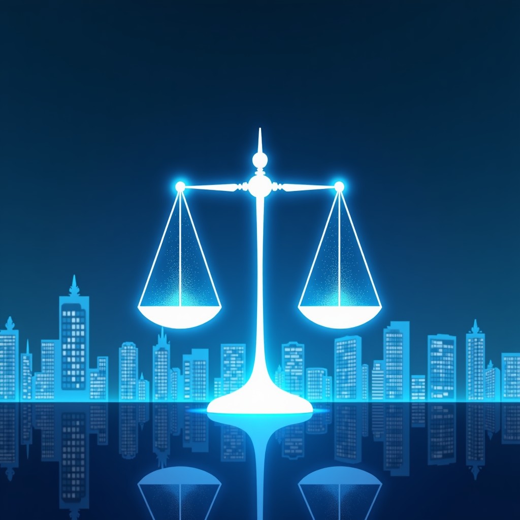 Futuristic cityscape with floating digital data streams and a digital balance scale symbolizing law and technology, 4:3.
