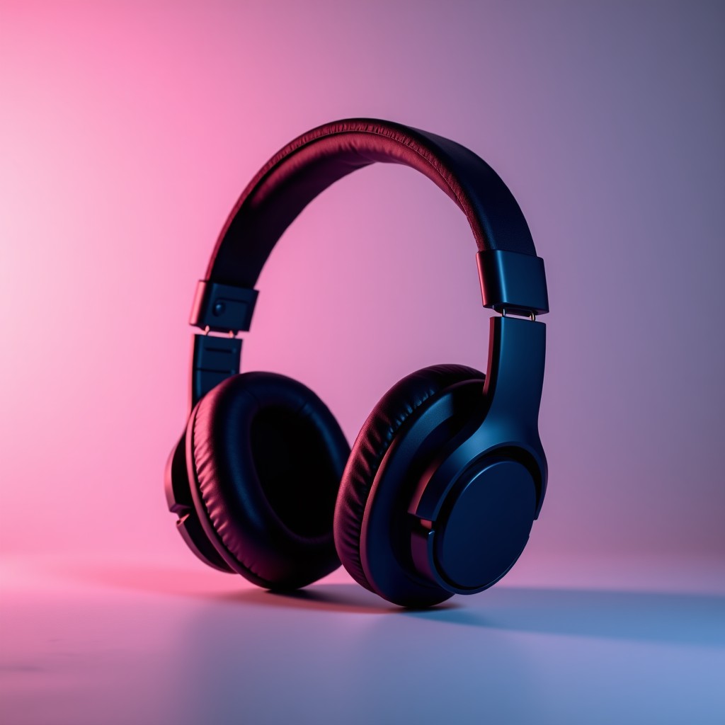 A professional studio shot of high-end over-ear headphones on a clean, modern, colored matte surface, soft studio lighting, high contrast, 8k resolution, minimalist style, aspect ratio 4:3.