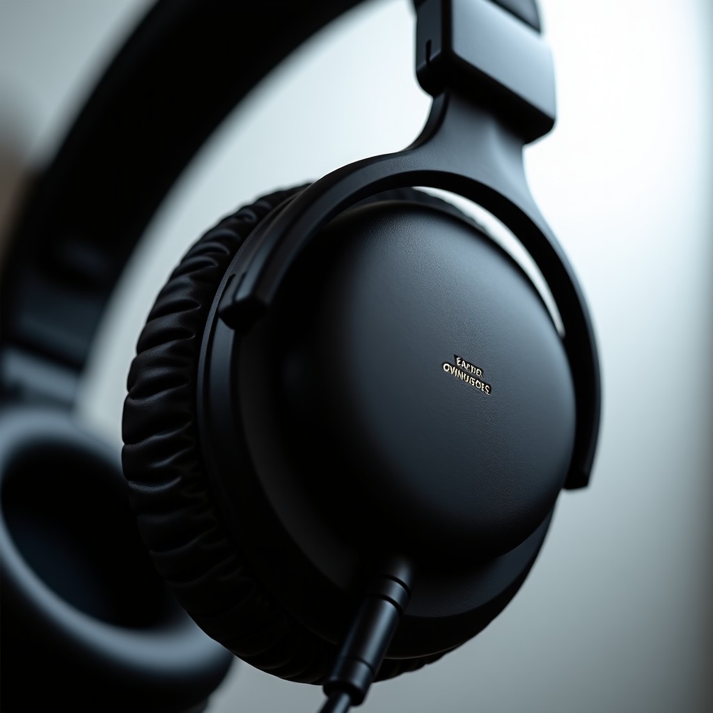 Close-up shot of high-end headphone ear cup texture and metal finish, showing precision engineering, professional industrial design photography, soft light, metallic gradient background, aspect ratio 4:3.