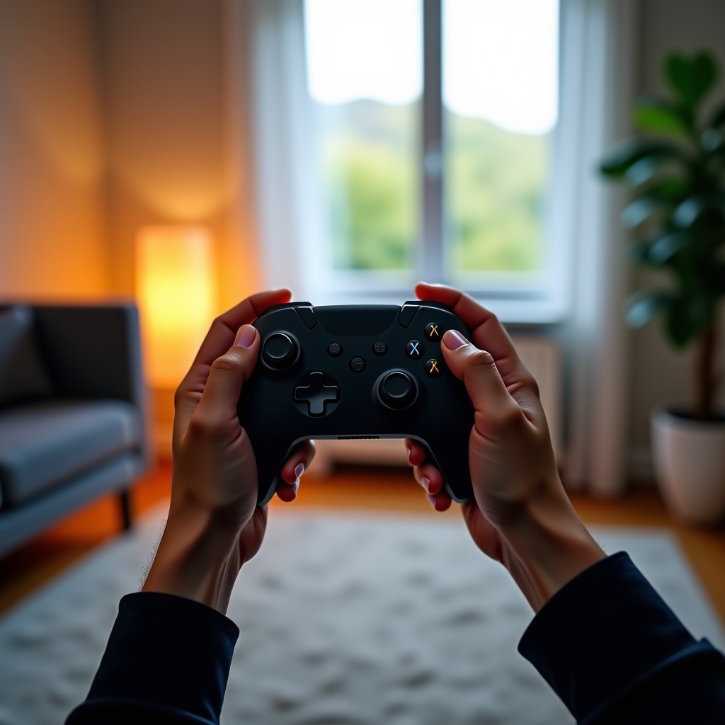 Modern gaming device held by a person in a bright cozy room, clean aesthetic, focus on the device, professional photography, 4:3 aspect ratio