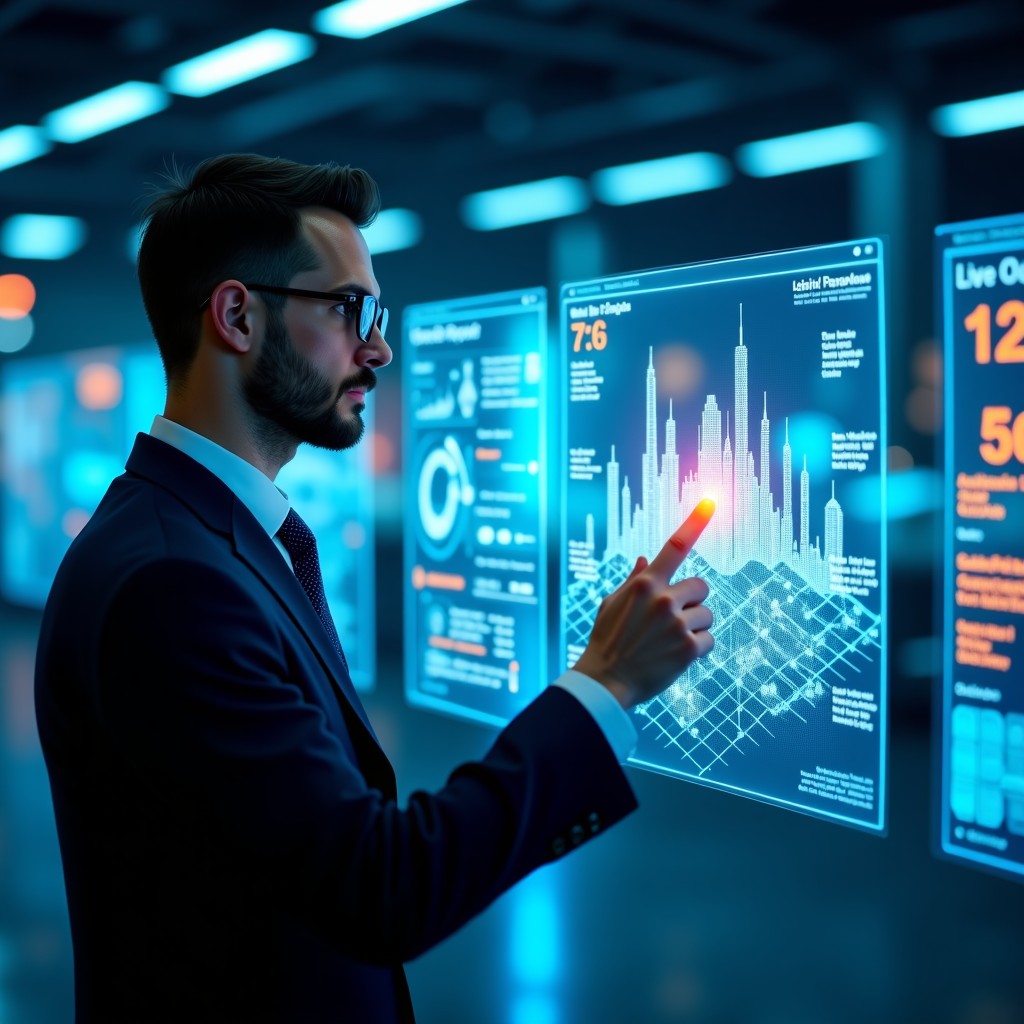 A high-tech laboratory environment focusing on 5G network optimization. Holographic displays showing signal strength, latency metrics, and network nodes in a 3D urban environment. A technician in professional attire is interacting with a transparent touch interface. Cinematic lighting with blue and orange accents. 4:3