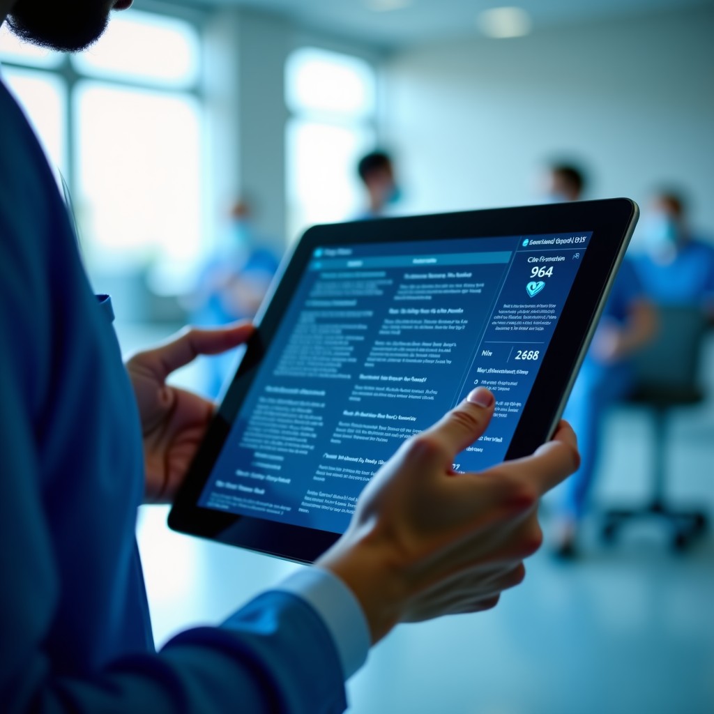 A close-up of a digital interface on a tablet in a clinical setting, showing medical data workflow, shallow depth of field, professional aesthetic, 4:3 aspect ratio.