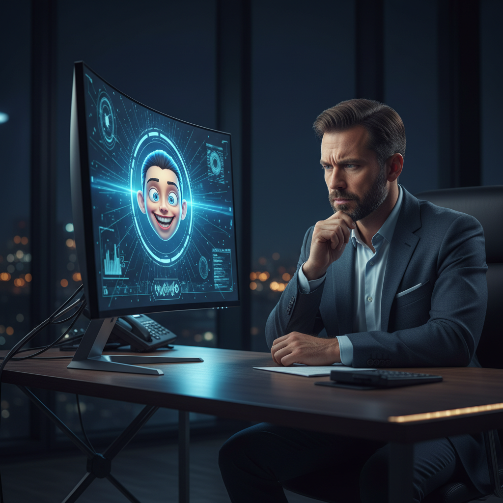 AI와 소통하며 고민에 빠진 현대인의 모습