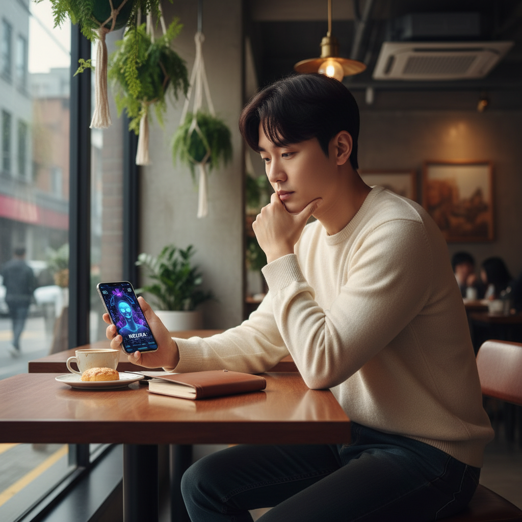 카페에서 아이폰의 새로운 AI 기능을 사용하는 한국인 청년