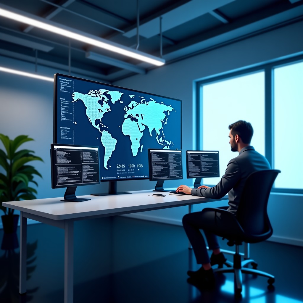 A futuristic software development workspace with multiple digital agent interfaces, clean minimalist office, high-tech screen, cinematic lighting, 4:3