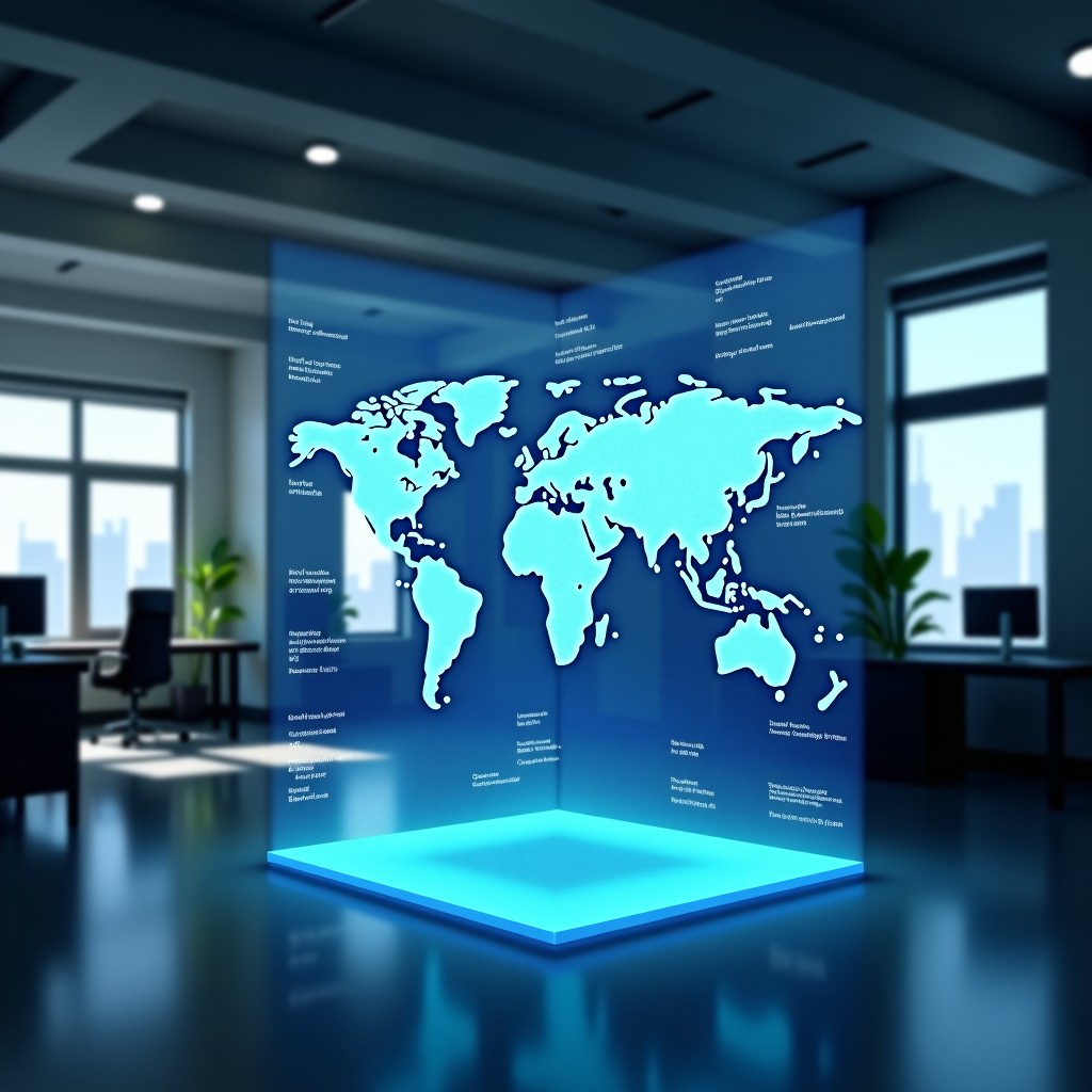 A professional office environment with a holographic AI interface overlaying digital documents and supply chain data, high tech, modern aesthetic, clean composition, 4:3 ratio.