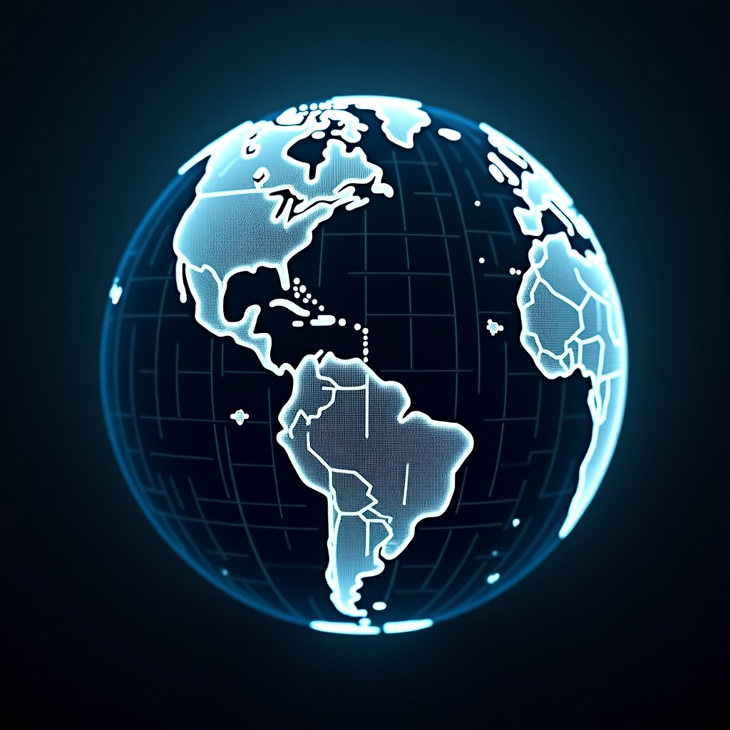 A conceptual representation of advanced artificial intelligence code overlaying on a digital globe with a focus on ethical responsibility, professional technological aesthetic, high contrast, 4:3