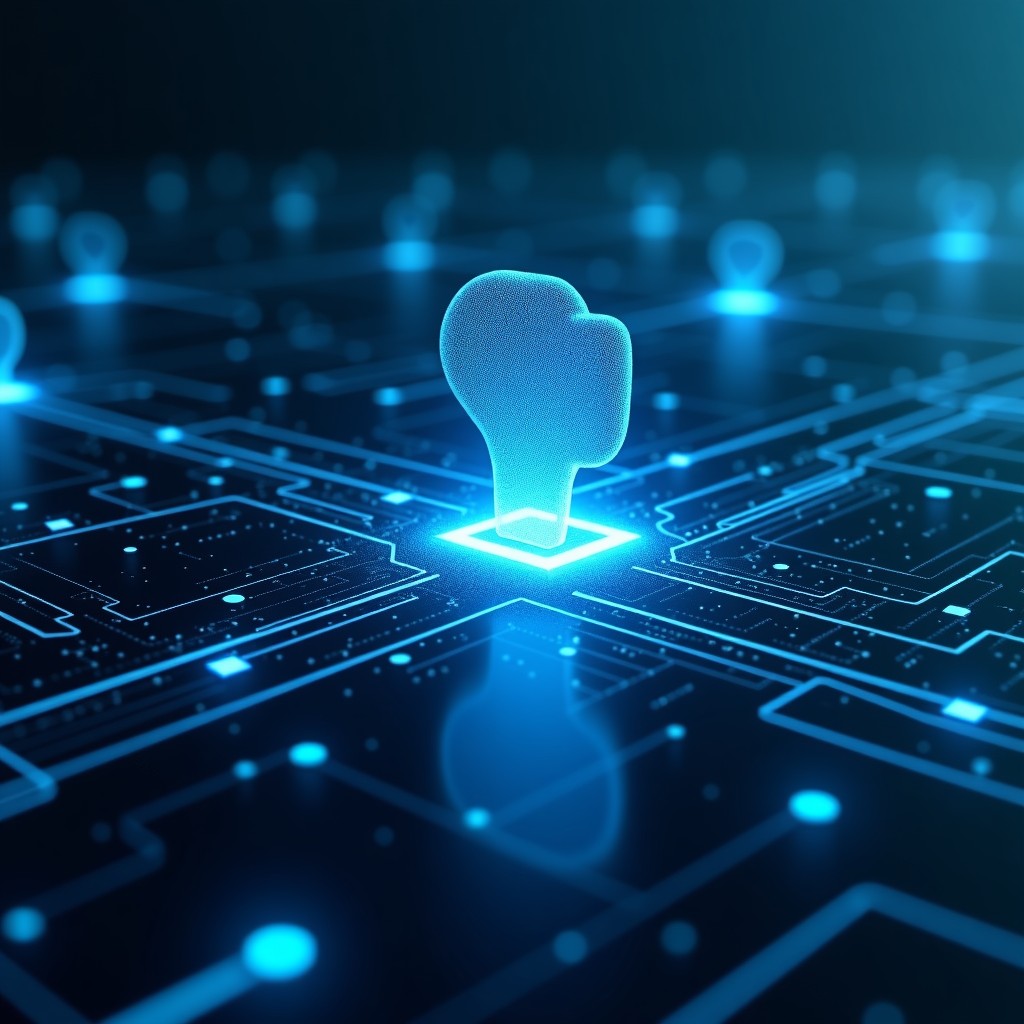 A conceptual representation of advanced artificial intelligence technology integrated into complex digital infrastructure, neutral background, cinematic lighting, high quality, 4:3