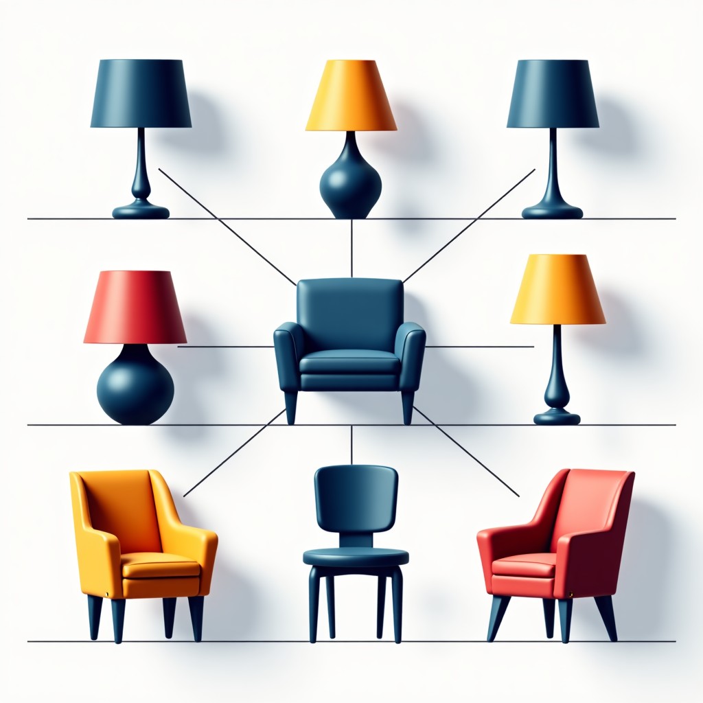 A clean infographic style image showing various home decor items like lamps and chairs being analyzed by digital AI scanning lines. High contrast, modern layout, tech-focused. 4:3