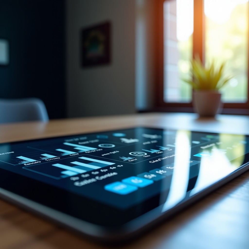 Close up of a sleek tablet screen showing a clean user interface with data visualizations and AI icons. Professional business setting, natural lighting, modern aesthetic. 4:3