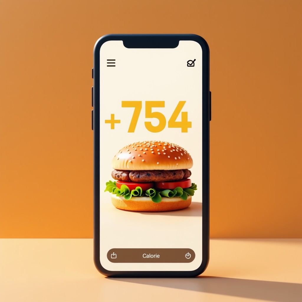 A futuristic smartphone app showing a food photo being analyzed with digital calorie numbers floating above, clean professional interface, no text, 4:3