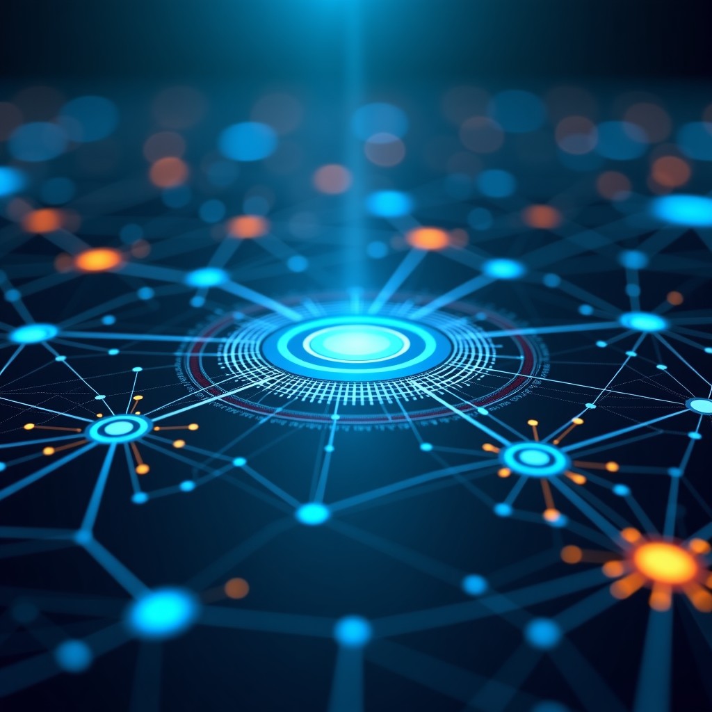 A high-tech digital workspace showing interconnected AI nodes and military defense infrastructure, abstract representation of technology meeting policy, cinematic lighting, 4:3 aspect ratio.