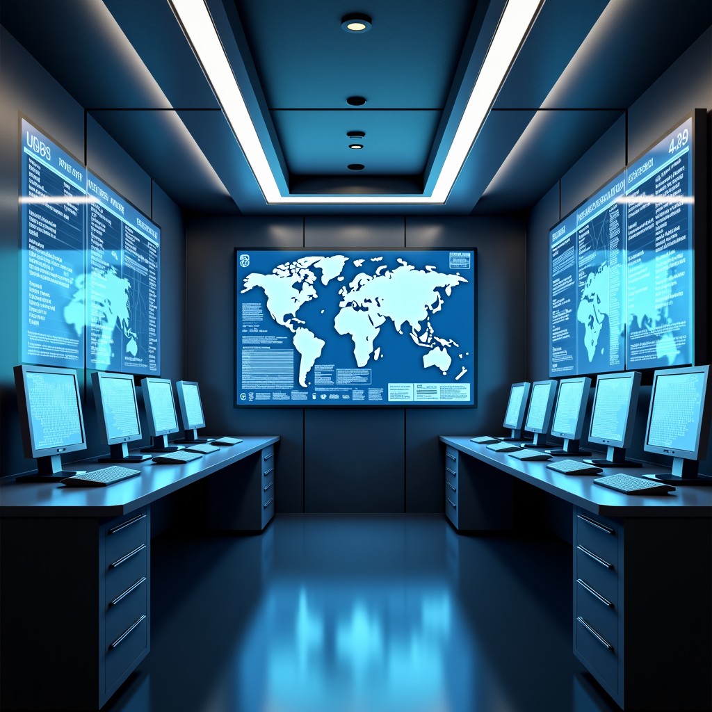 Futuristic military command center interior with holographic data displays and advanced software interfaces, realistic photography, neutral lighting, 4:3