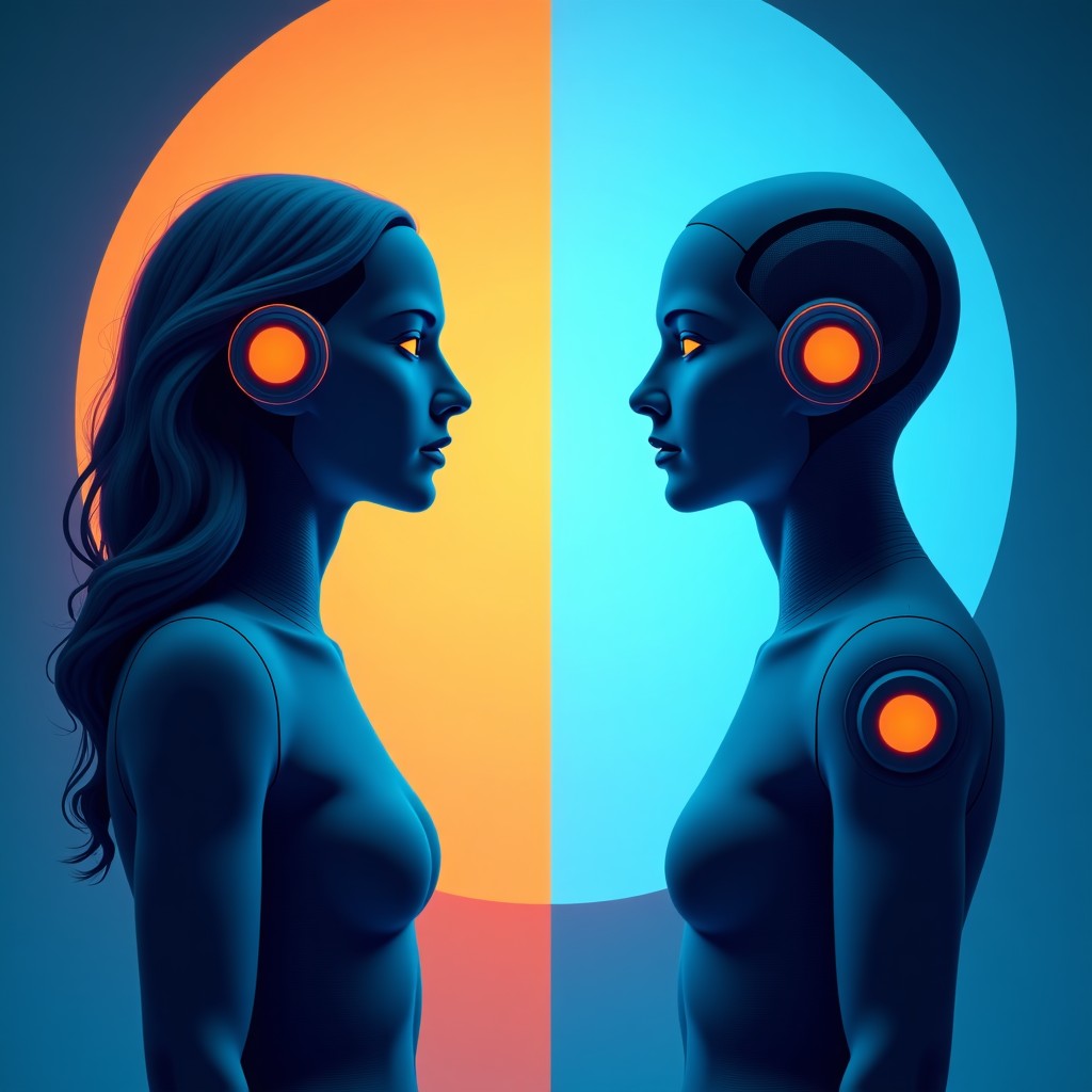 A high-tech digital art illustration representing a conflict between two opposing AI ideologies in a modern boardroom, abstract geometric shapes, blue and orange color palette, cinematic lighting, 4:3 aspect ratio.