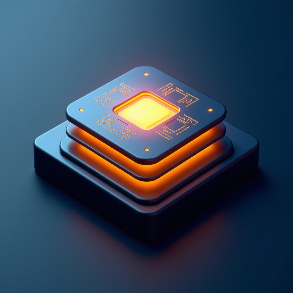 High-tech digital security layers protecting a glowing artificial intelligence core, dark blue and gold color scheme, clean 3D rendering, 1:1
