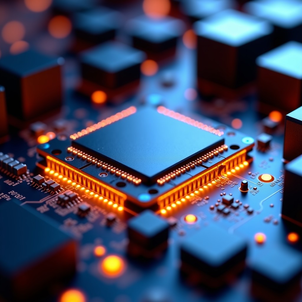 Detailed close-up of a high-performance computer chip on a motherboard, cinematic lighting, 4:3