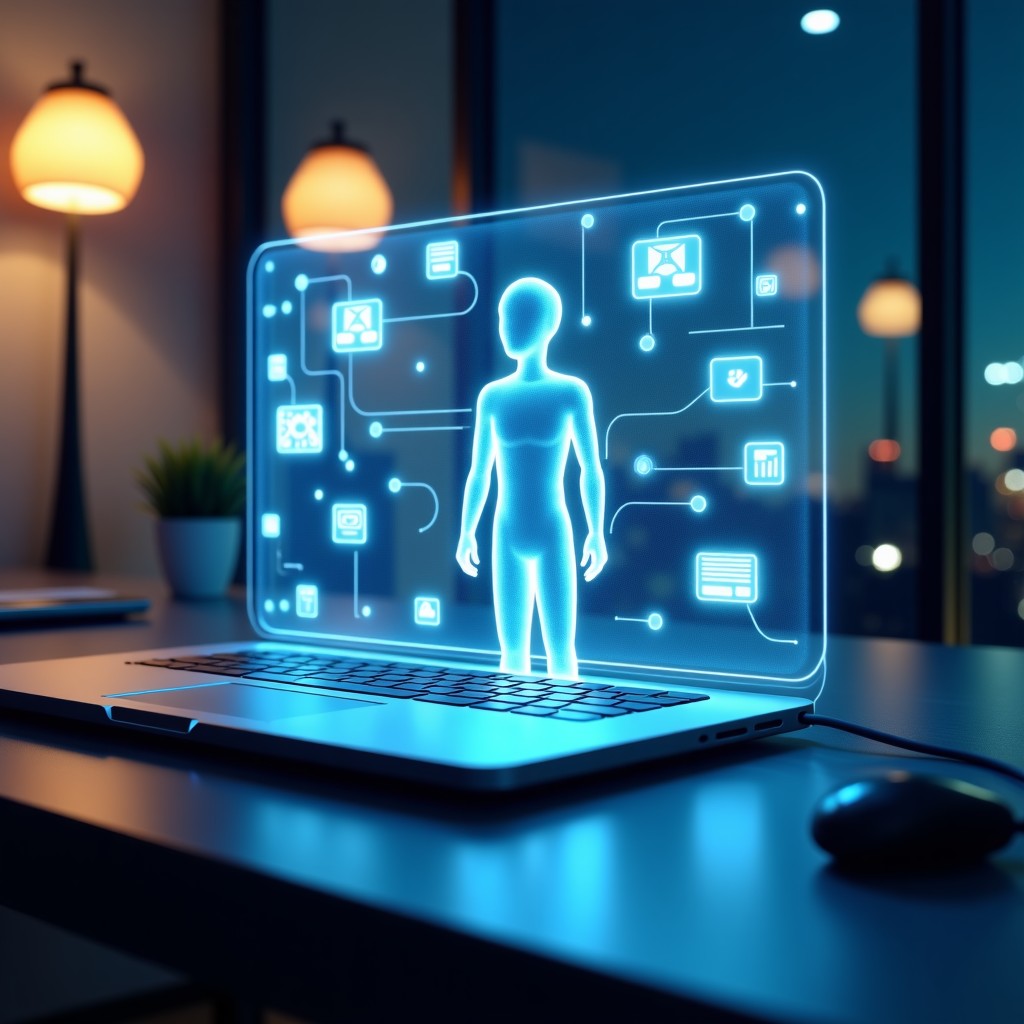 A sleek modern office desk with a digital hologram of an AI agent organizing creative tasks, floating icons of video, text, and audio, high-tech, cinematic lighting, photorealistic, 4:3.