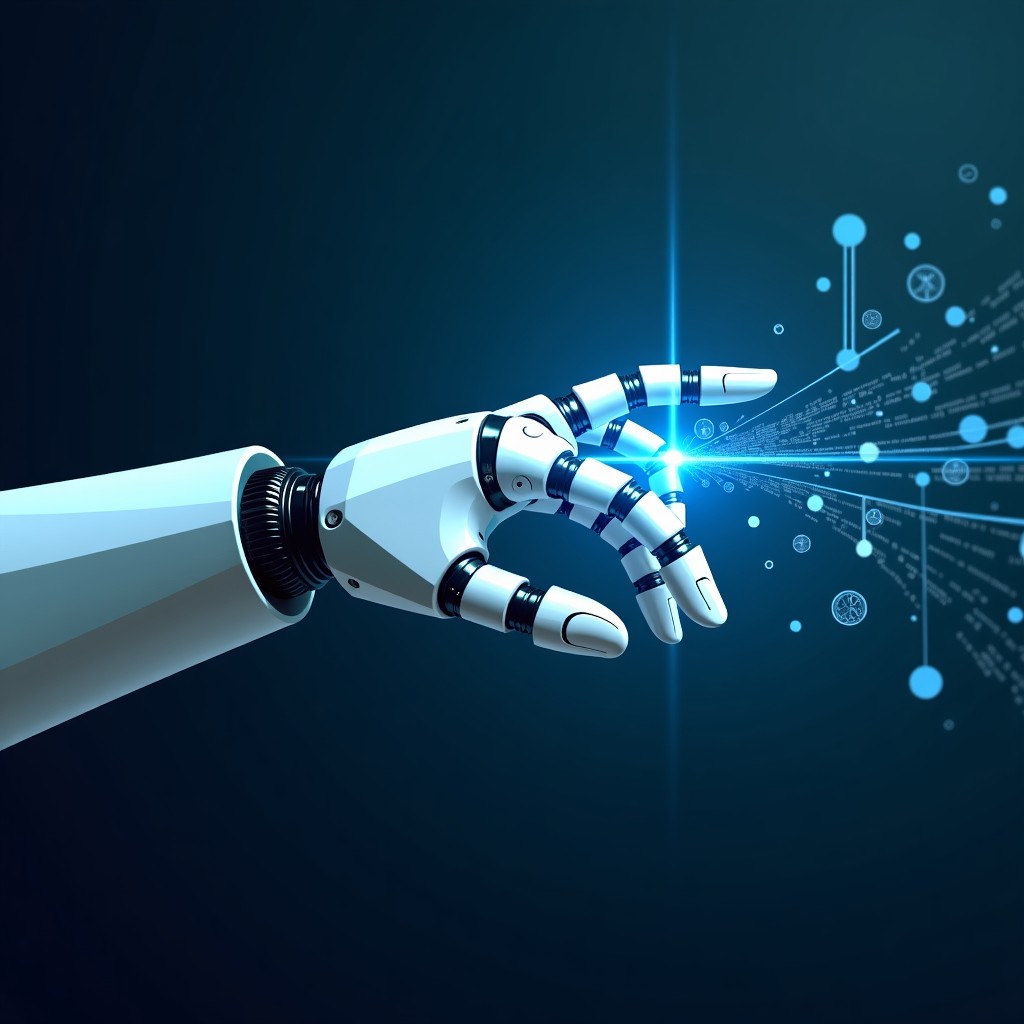 An abstract visual of a robotic hand interacting with data streams and security barriers, symbolizing ethics and control in artificial intelligence, modern tech style, 4:3 aspect ratio.